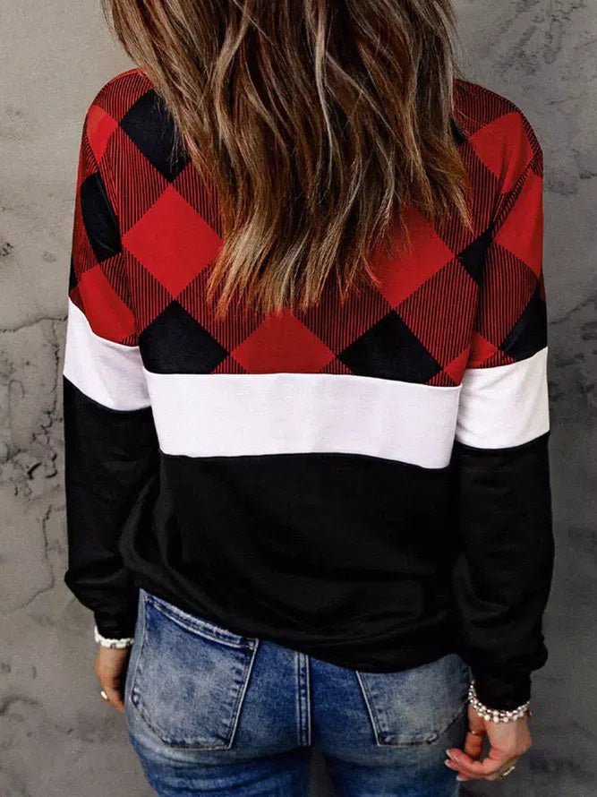 Women's T-Shirts Check Print Zip Long Sleeve Casual T-Shirt - T-Shirts - Instastyled | Online Fashion Free Shipping Clothing, Dresses, Tops, Shoes - 26/09/2022 - Color_Red - HDL