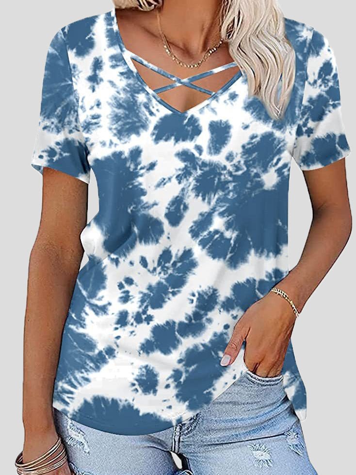 Women's T-Shirts Chest Cross Print V-Neck Short Sleeve T-Shirt - T-Shirts - Instastyled | Online Fashion Free Shipping Clothing, Dresses, Tops, Shoes - 20-30 - 29/04/2022 - color-blue