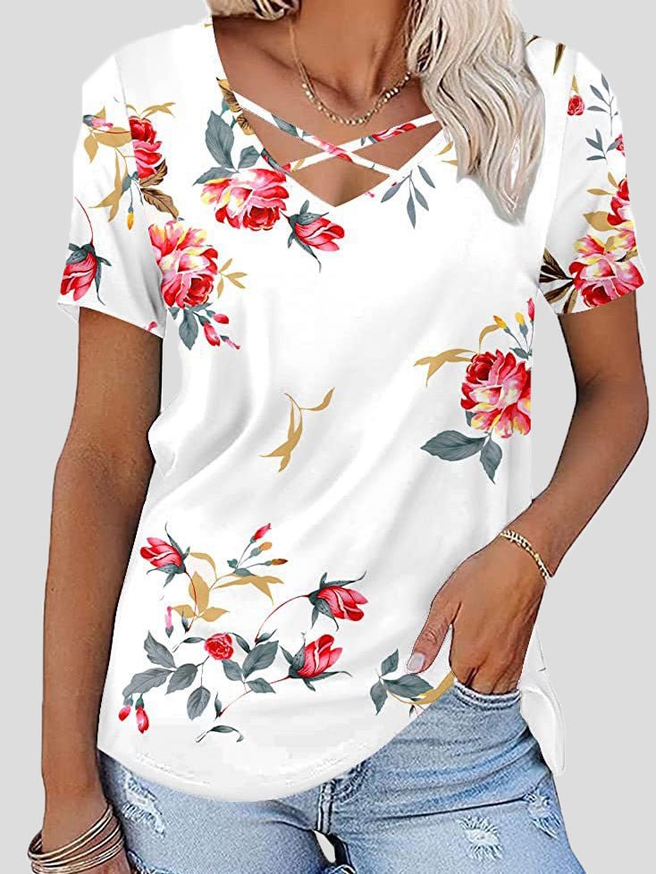 Women's T-Shirts Chest Cross Print V-Neck Short Sleeve T-Shirt - T-Shirts - Instastyled | Online Fashion Free Shipping Clothing, Dresses, Tops, Shoes - 20-30 - 29/04/2022 - color-blue