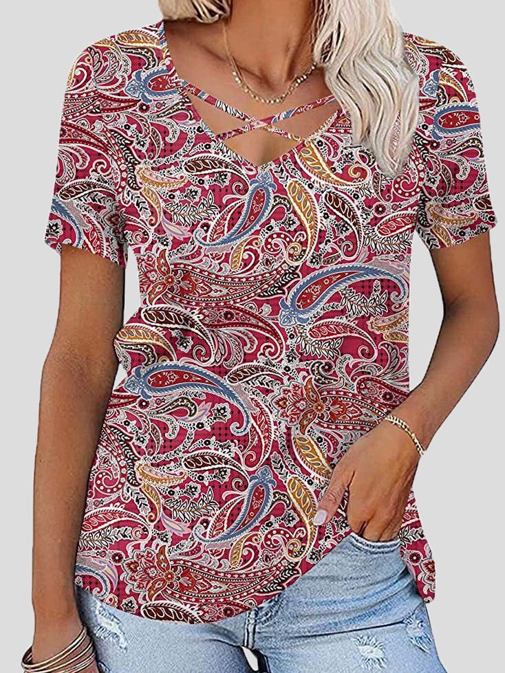 Women's T-Shirts Chest Cross Print V-Neck Short Sleeve T-Shirt - T-Shirts - Instastyled | Online Fashion Free Shipping Clothing, Dresses, Tops, Shoes - 20-30 - 29/04/2022 - color-blue