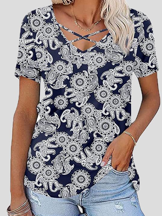 Women's T-Shirts Chest Cross Print V-Neck Short Sleeve T-Shirt - T-Shirts - Instastyled | Online Fashion Free Shipping Clothing, Dresses, Tops, Shoes - 20-30 - 29/04/2022 - color-blue