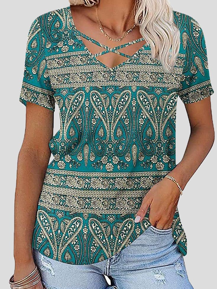 Women's T-Shirts Chest Cross Print V-Neck Short Sleeve T-Shirt - T-Shirts - Instastyled | Online Fashion Free Shipping Clothing, Dresses, Tops, Shoes - 20-30 - 29/04/2022 - color-blue