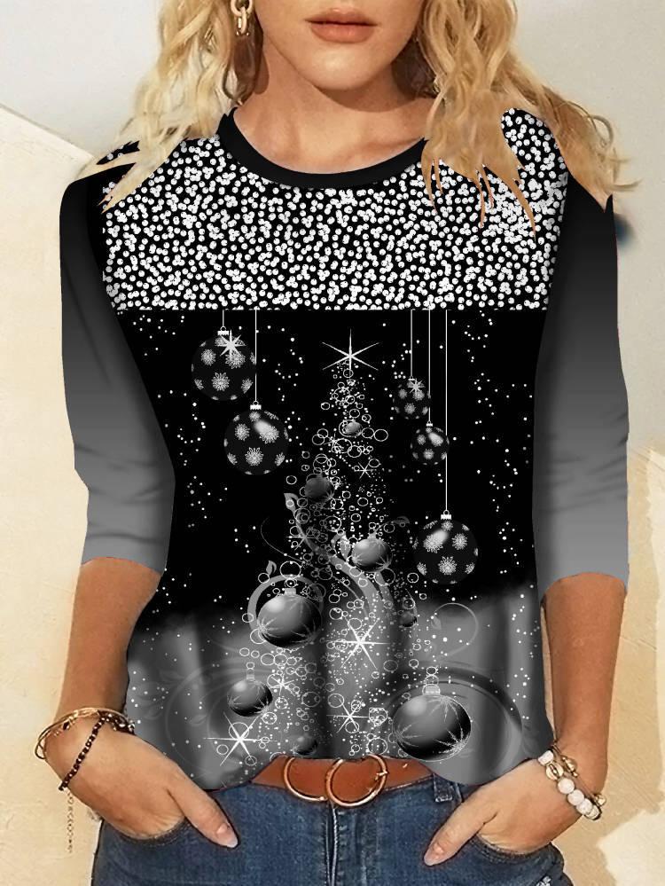 Women's T-Shirts Christmas Print Round Neck Long Sleeve T-Shirt - T-Shirts - INS | Online Fashion Free Shipping Clothing, Dresses, Tops, Shoes - 10-20 - 23/11/2021 - color-black