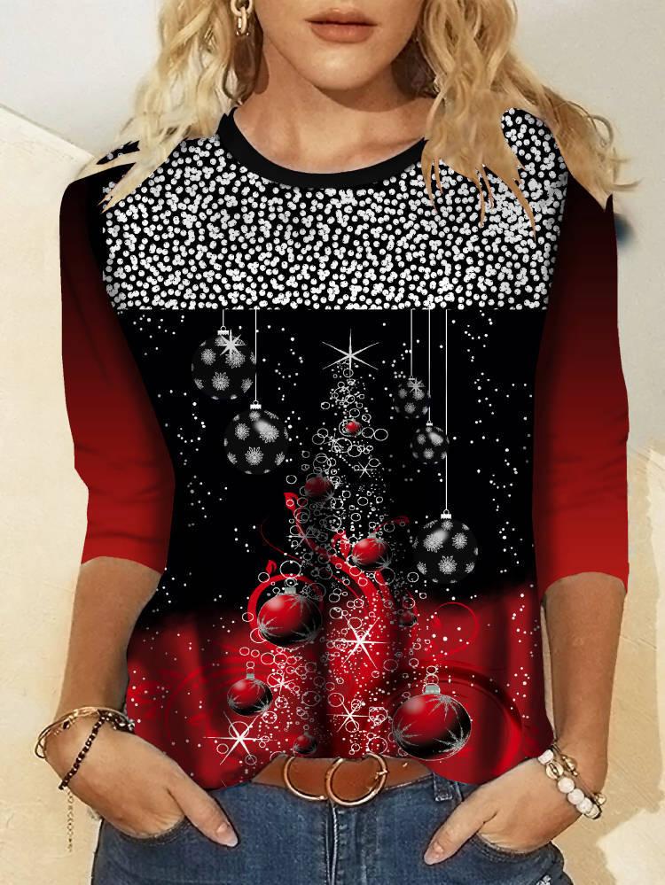 Women's T-Shirts Christmas Print Round Neck Long Sleeve T-Shirt - T-Shirts - INS | Online Fashion Free Shipping Clothing, Dresses, Tops, Shoes - 10-20 - 23/11/2021 - color-black