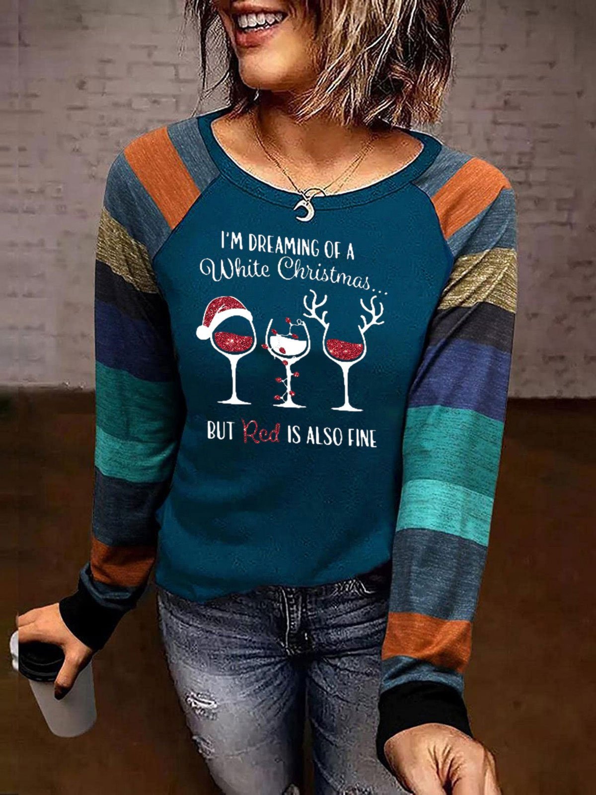 Women's T-Shirts Christmas Print Striped Sleeve Long Sleeve T-Shirt - T-Shirts - INS | Online Fashion Free Shipping Clothing, Dresses, Tops, Shoes - 08/11/2021 - 20-30 - color-blue