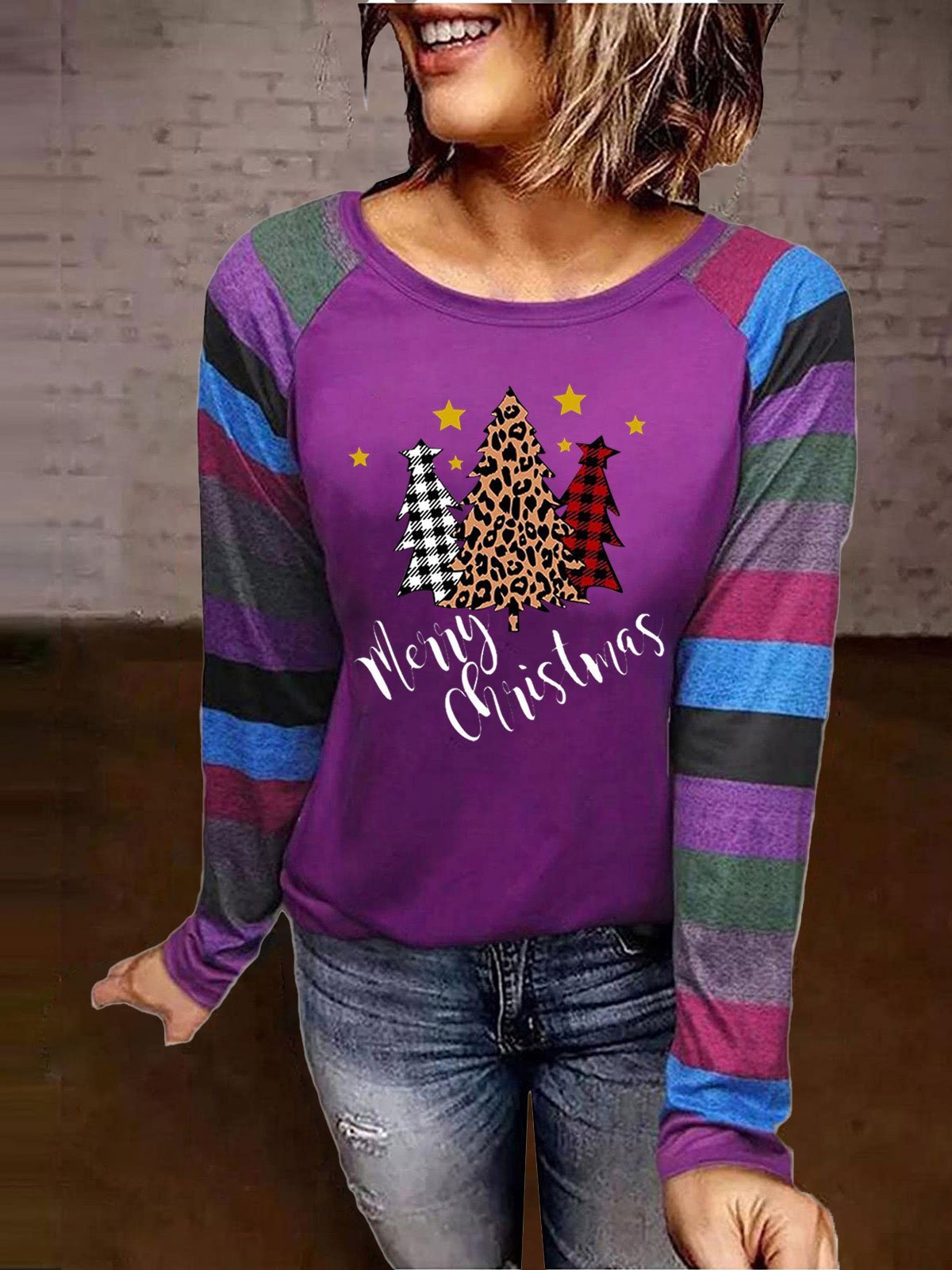 Women's T-Shirts Christmas Print Striped Sleeve Long Sleeve T-Shirt - T-Shirts - INS | Online Fashion Free Shipping Clothing, Dresses, Tops, Shoes - 08/11/2021 - 20-30 - color-blue