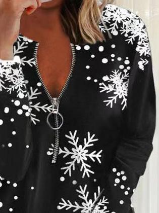 Women's T-Shirts Christmas Snowflake Zipper V-Neck Long Sleeve T-Shirt - T-Shirts - Instastyled | Online Fashion Free Shipping Clothing, Dresses, Tops, Shoes - 02/12/2021 - 20-30 - color-black