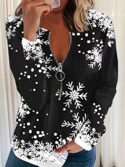 Women's T-Shirts Christmas Snowflake Zipper V-Neck Long Sleeve T-Shirt - T-Shirts - Instastyled | Online Fashion Free Shipping Clothing, Dresses, Tops, Shoes - 02/12/2021 - 20-30 - color-black