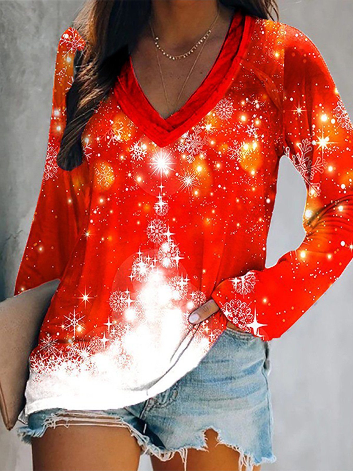 Women's T-Shirts Christmas Tree Print V-Neck Pullover Long Sleeve T-Shirt - T-Shirts - INS | Online Fashion Free Shipping Clothing, Dresses, Tops, Shoes - 20-30 - 23/11/2021 - color-orange