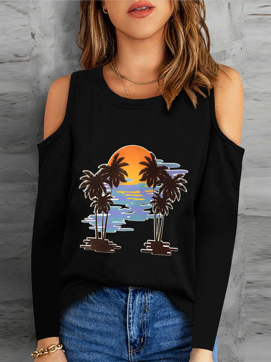 Women's T-Shirts Coconut Print Off Shoulder Long Sleeve T-Shirt - T-Shirts - Instastyled | Online Fashion Free Shipping Clothing, Dresses, Tops, Shoes - 05/08/2022 - Color_Black - Color_Gray