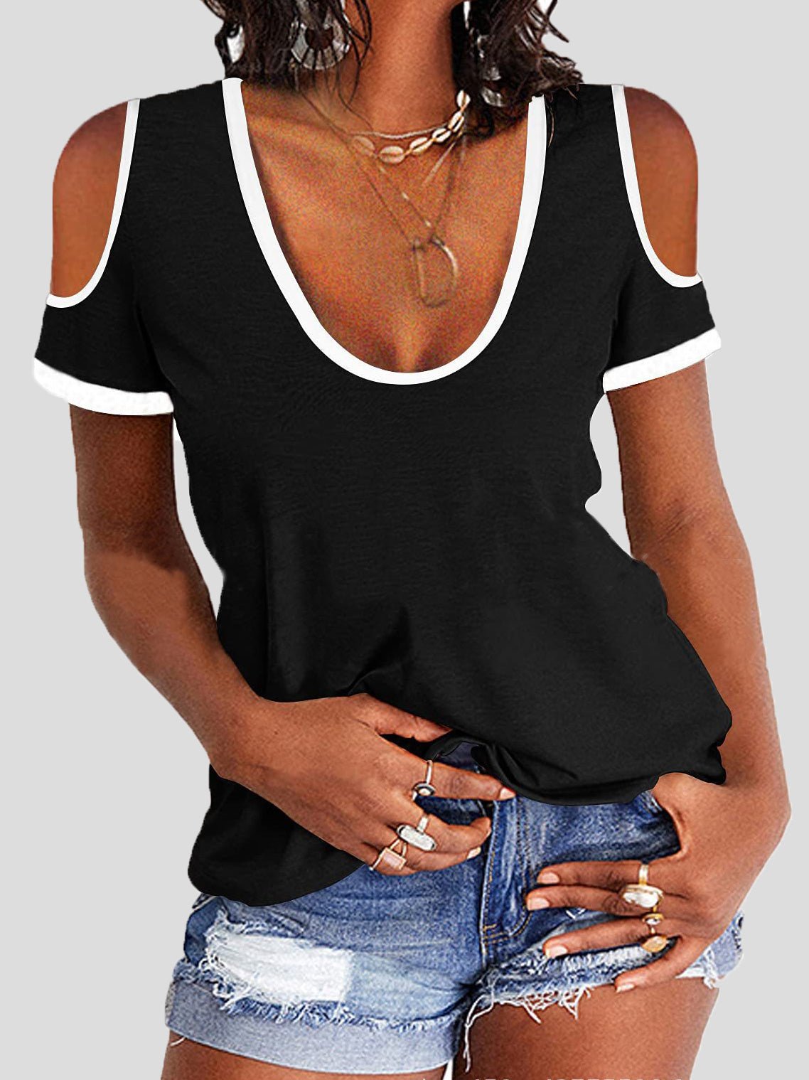 Women's T-Shirts Contrast Off Shoulder Short Sleeve T-Shirt - T-Shirts - Instastyled | Online Fashion Free Shipping Clothing, Dresses, Tops, Shoes - 20-30 - 28/06/2022 - color-black