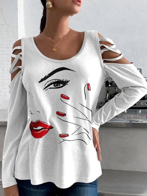 Women's T-Shirts Cool Face Print Round Neck Off Shoulder Long Sleeve T-Shirt - T-Shirts - INS | Online Fashion Free Shipping Clothing, Dresses, Tops, Shoes - 12/10/2021 - 20-30 - color-white