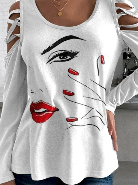 Women's T-Shirts Cool Face Print Round Neck Off Shoulder Long Sleeve T-Shirt - T-Shirts - INS | Online Fashion Free Shipping Clothing, Dresses, Tops, Shoes - 12/10/2021 - 20-30 - color-white