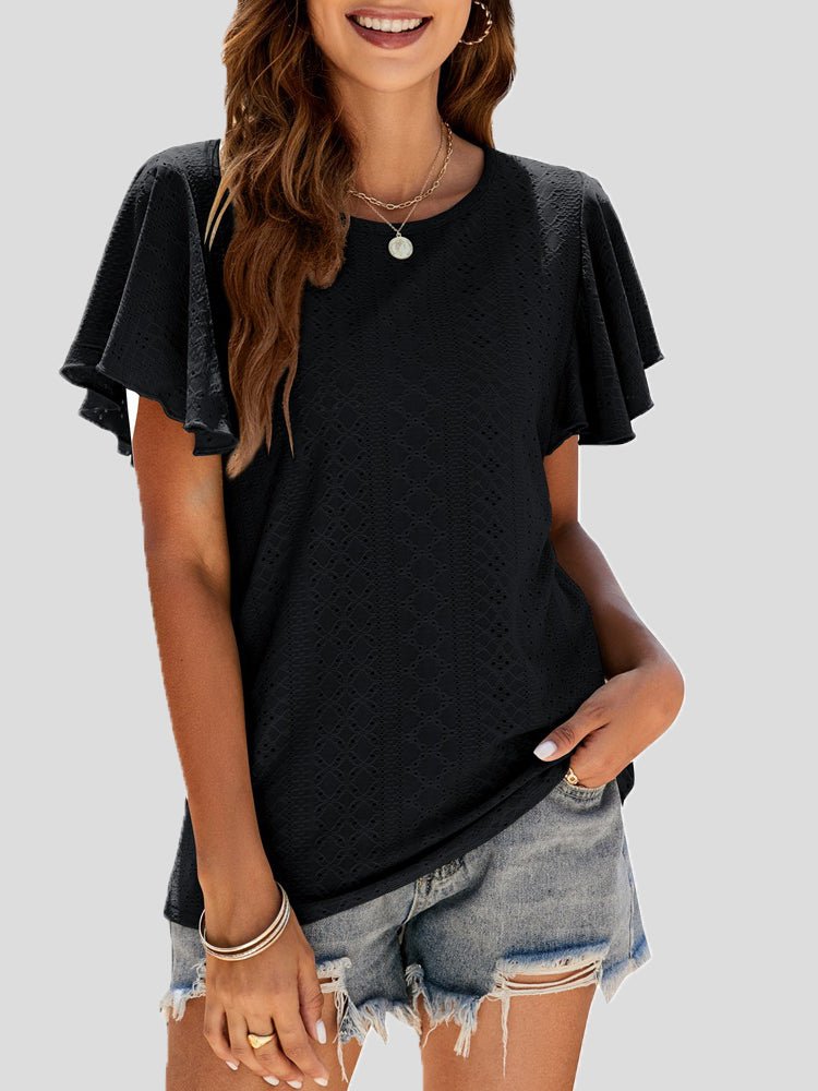 Women's T-Shirts Crew Neck Hollow Ruffle Sleeve T-Shirt - T-Shirts - Instastyled | Online Fashion Free Shipping Clothing, Dresses, Tops, Shoes - 24/04/2022 - Color_Black - Color_Green