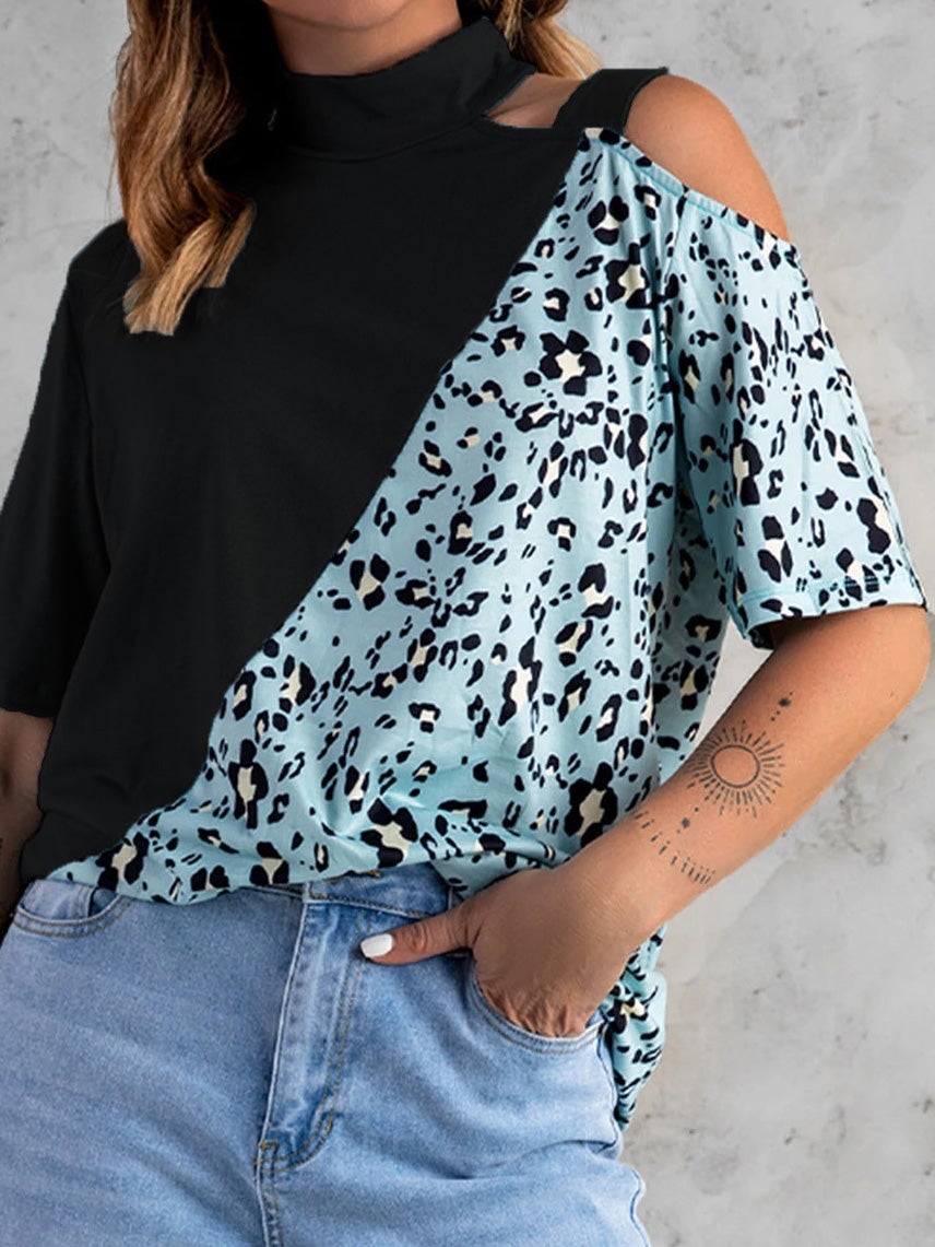 Women's T-Shirts Crew Neck Leopard Print Off-Should Short Sleeve T-Shirt - T-Shirts - Instastyled | Online Fashion Free Shipping Clothing, Dresses, Tops, Shoes - 19/01/2022 - 20-30 - color-black