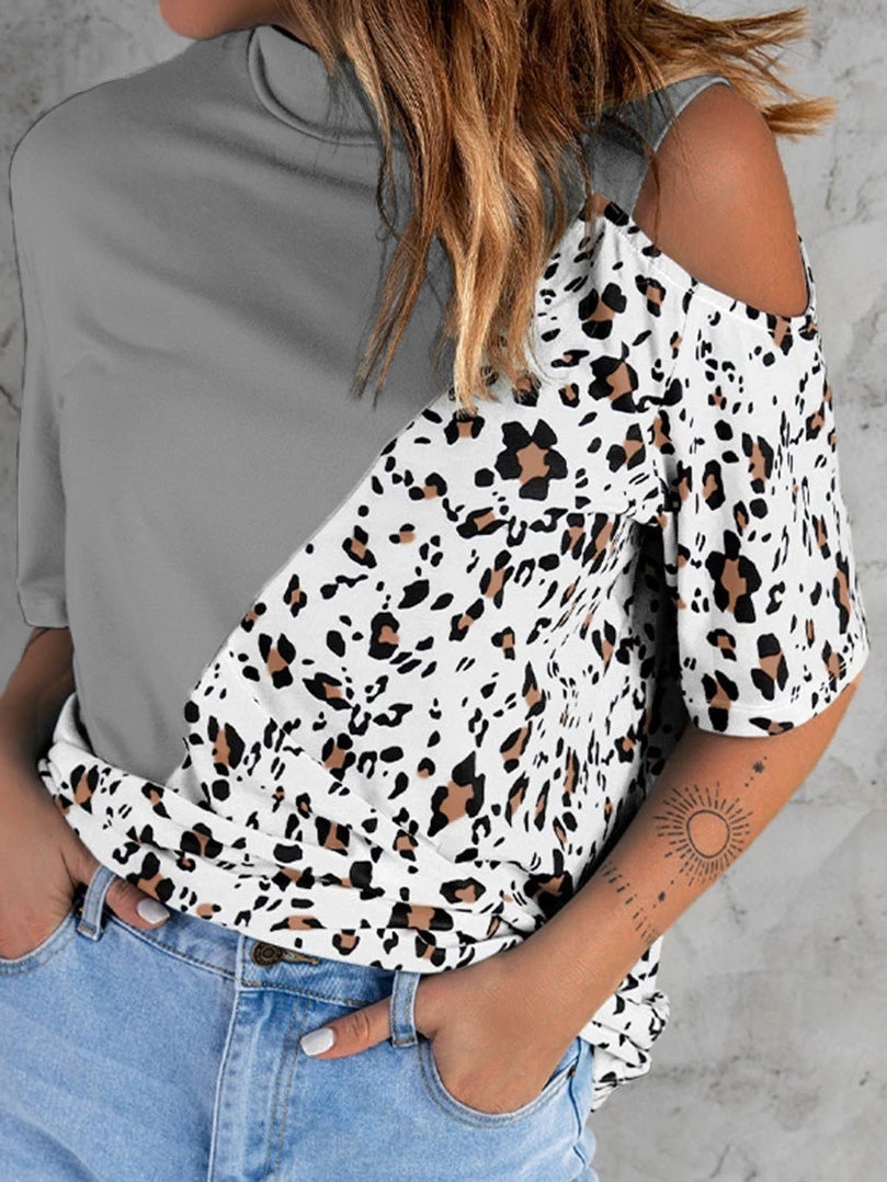 Women's T-Shirts Crew Neck Leopard Print Off-Should Short Sleeve T-Shirt - T-Shirts - Instastyled | Online Fashion Free Shipping Clothing, Dresses, Tops, Shoes - 19/01/2022 - 20-30 - color-black