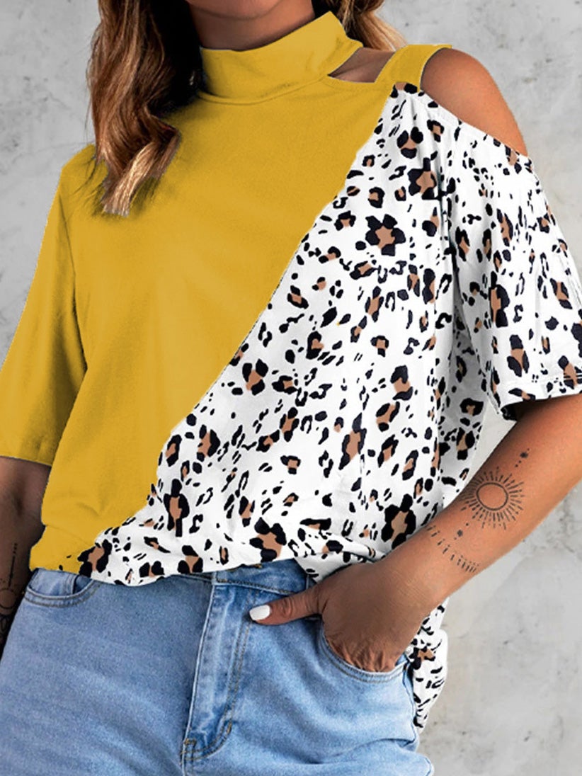 Women's T-Shirts Crew Neck Leopard Print Off-Should Short Sleeve T-Shirt - T-Shirts - Instastyled | Online Fashion Free Shipping Clothing, Dresses, Tops, Shoes - 19/01/2022 - 20-30 - color-black