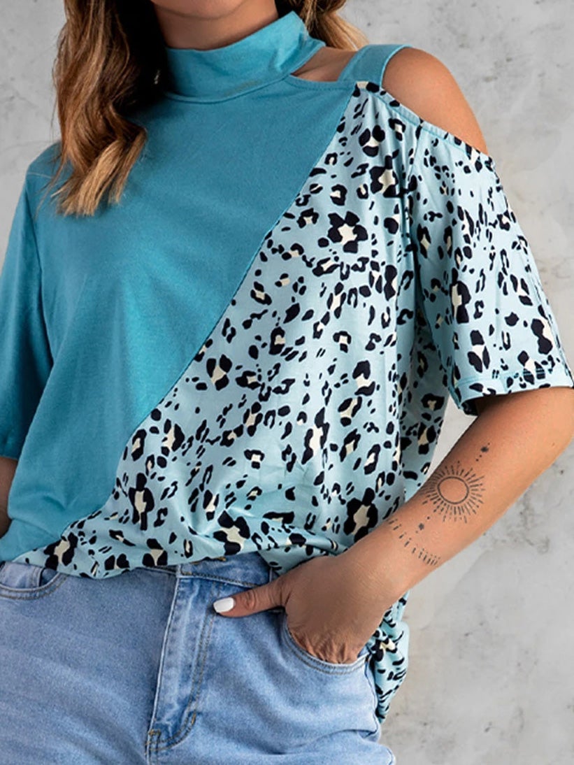 Women's T-Shirts Crew Neck Leopard Print Off-Should Short Sleeve T-Shirt - T-Shirts - Instastyled | Online Fashion Free Shipping Clothing, Dresses, Tops, Shoes - 19/01/2022 - 20-30 - color-black