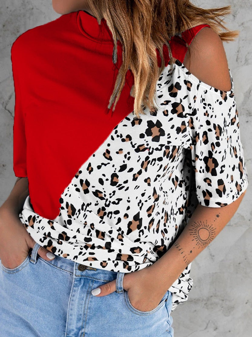 Women's T-Shirts Crew Neck Leopard Print Off-Should Short Sleeve T-Shirt - T-Shirts - Instastyled | Online Fashion Free Shipping Clothing, Dresses, Tops, Shoes - 19/01/2022 - 20-30 - color-black