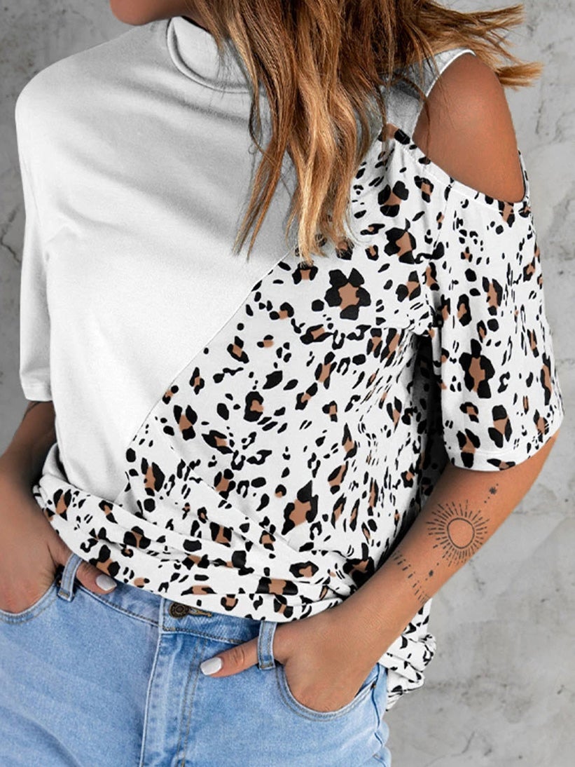 Women's T-Shirts Crew Neck Leopard Print Off-Should Short Sleeve T-Shirt - T-Shirts - Instastyled | Online Fashion Free Shipping Clothing, Dresses, Tops, Shoes - 19/01/2022 - 20-30 - color-black