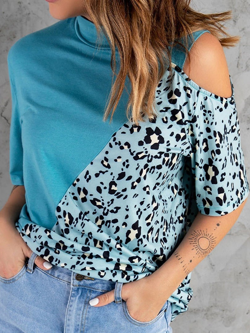 Women's T-Shirts Crew Neck Leopard Print Off-Should Short Sleeve T-Shirt - T-Shirts - Instastyled | Online Fashion Free Shipping Clothing, Dresses, Tops, Shoes - 19/01/2022 - 20-30 - color-black