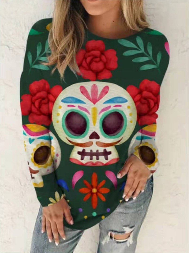 Women's T-Shirts Crew Neck Skull Print Long Sleeve T-Shirt - T-Shirts - INS | Online Fashion Free Shipping Clothing, Dresses, Tops, Shoes - 13/09/2021 - 20-30 - Category_T-Shirts