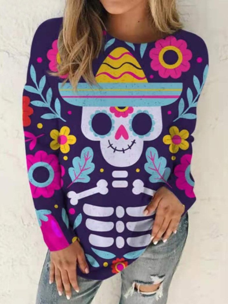 Women's T-Shirts Crew Neck Skull Print Long Sleeve T-Shirt - T-Shirts - INS | Online Fashion Free Shipping Clothing, Dresses, Tops, Shoes - 13/09/2021 - 20-30 - Category_T-Shirts