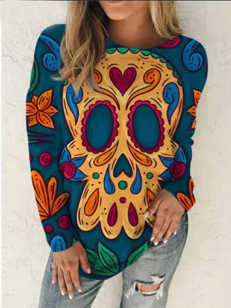 Women's T-Shirts Crew Neck Skull Print Long Sleeve T-Shirt - T-Shirts - INS | Online Fashion Free Shipping Clothing, Dresses, Tops, Shoes - 13/09/2021 - 20-30 - Category_T-Shirts