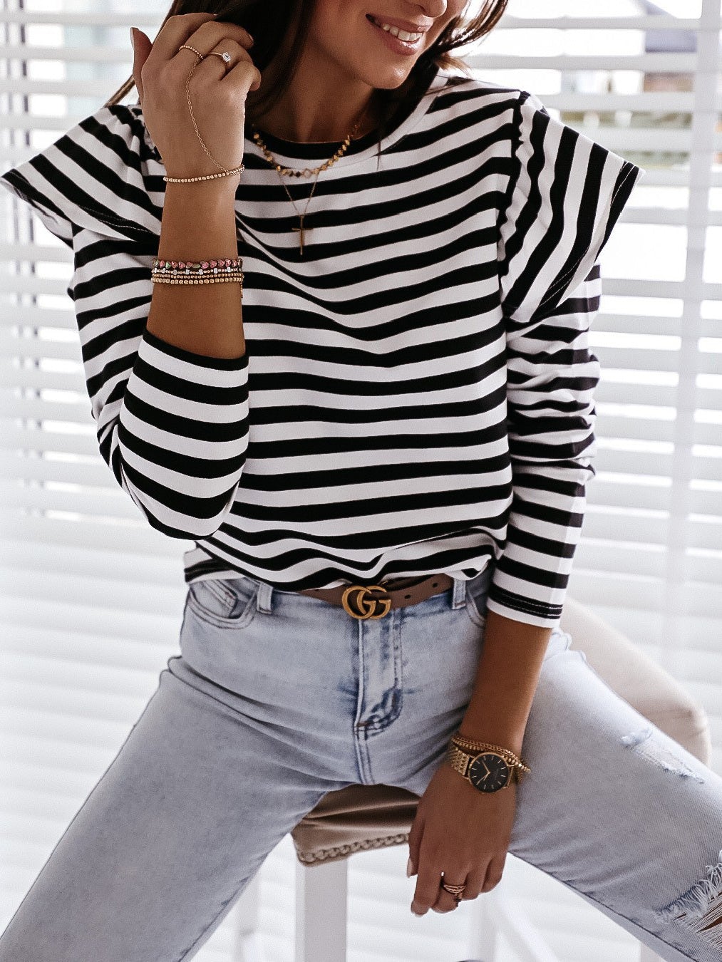 Women's T-Shirts Crew Neck Striped Long Sleeve T-Shirt - T-Shirts - Instastyled | Online Fashion Free Shipping Clothing, Dresses, Tops, Shoes - 17/01/2022 - 20-30 - color-black