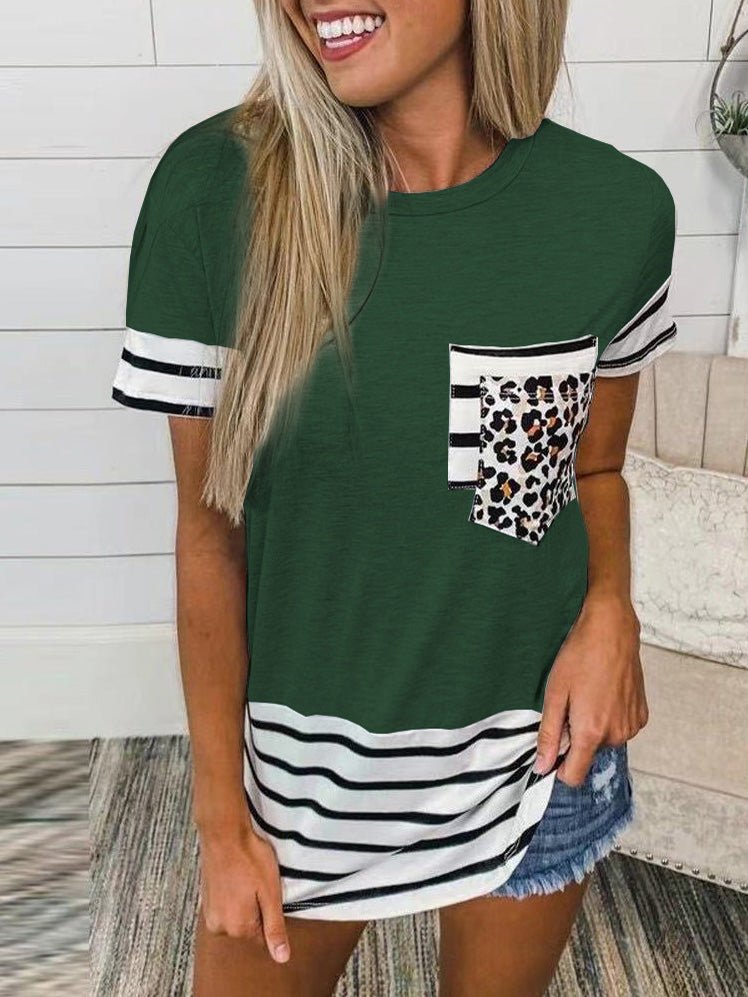 Women's T-Shirts Crew Neck Striped Panel Pocket Short Sleeve T-Shirt - T-Shirts - Instastyled | Online Fashion Free Shipping Clothing, Dresses, Tops, Shoes - 20-30 - 21/03/2022 - color-black