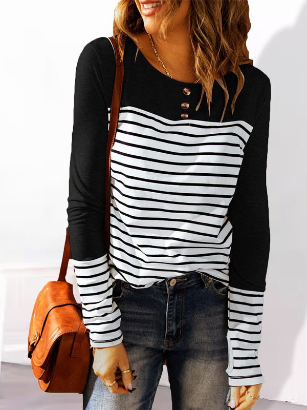 Women's T-Shirts Crew Neck Striped Print Long Sleeve T-Shirt - T-Shirts - Instastyled | Online Fashion Free Shipping Clothing, Dresses, Tops, Shoes - 19/08/2022 - Color_Black - Color_Gray