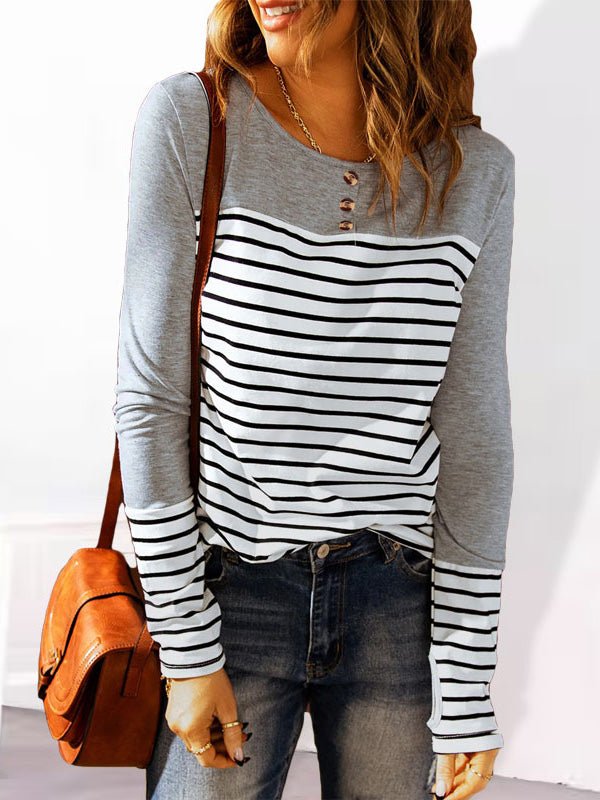 Women's T-Shirts Crew Neck Striped Print Long Sleeve T-Shirt - T-Shirts - Instastyled | Online Fashion Free Shipping Clothing, Dresses, Tops, Shoes - 19/08/2022 - Color_Black - Color_Gray