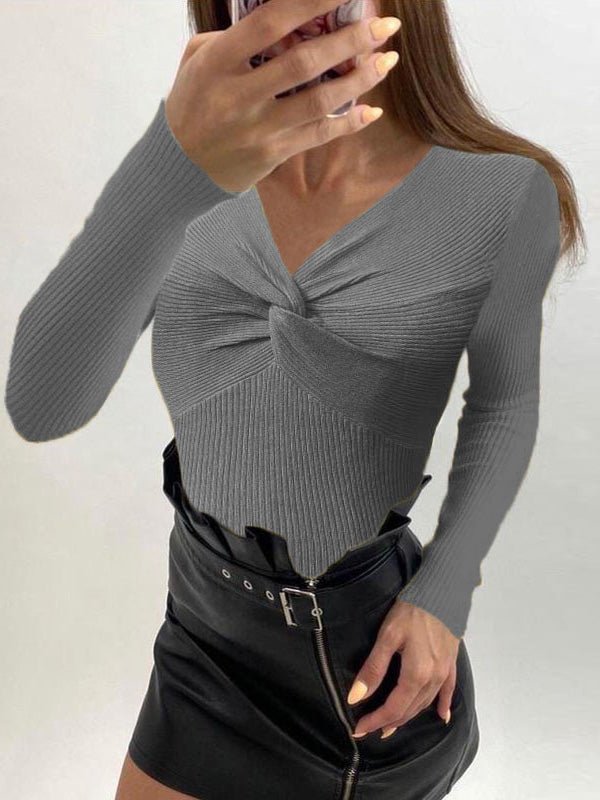 Women's T-Shirts Cross V-Neck Long Sleeve Knit T-Shirt - T-Shirts - Instastyled | Online Fashion Free Shipping Clothing, Dresses, Tops, Shoes - 12/08/2022 - Color_Apricot - Color_Black