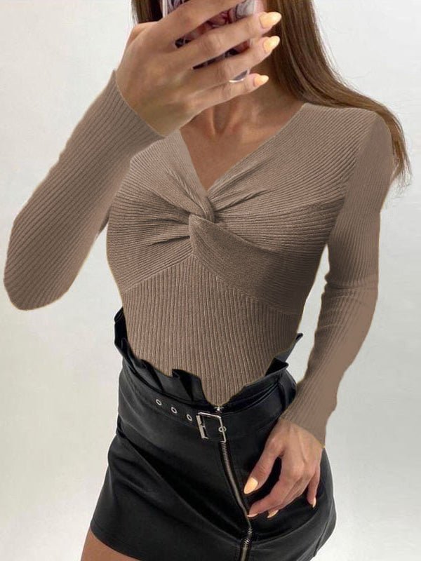 Women's T-Shirts Cross V-Neck Long Sleeve Knit T-Shirt - T-Shirts - Instastyled | Online Fashion Free Shipping Clothing, Dresses, Tops, Shoes - 12/08/2022 - Color_Apricot - Color_Black