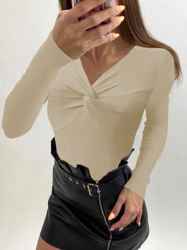 Women's T-Shirts Cross V-Neck Long Sleeve Knit T-Shirt - T-Shirts - Instastyled | Online Fashion Free Shipping Clothing, Dresses, Tops, Shoes - 12/08/2022 - Color_Apricot - Color_Black