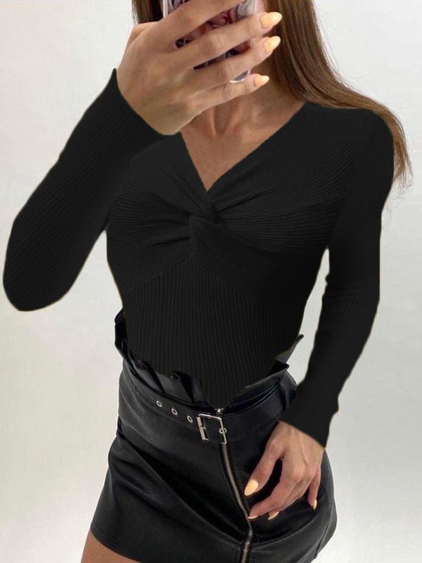 Women's T-Shirts Cross V-Neck Long Sleeve Knit T-Shirt - T-Shirts - Instastyled | Online Fashion Free Shipping Clothing, Dresses, Tops, Shoes - 12/08/2022 - Color_Apricot - Color_Black