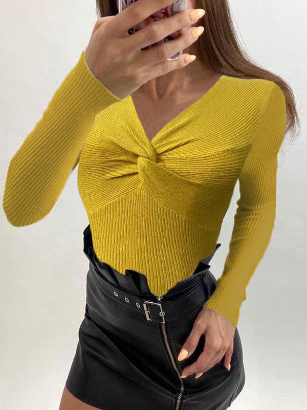 Women's T-Shirts Cross V-Neck Long Sleeve Knit T-Shirt - T-Shirts - Instastyled | Online Fashion Free Shipping Clothing, Dresses, Tops, Shoes - 12/08/2022 - Color_Apricot - Color_Black