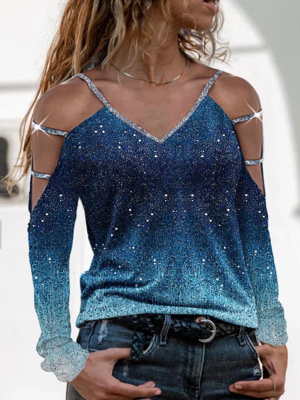 Women's T-Shirts Cutout Shiny Strap Long Sleeve T-Shirt - T-Shirts - Instastyled | Online Fashion Free Shipping Clothing, Dresses, Tops, Shoes - 16/02/2022 - 20-30 - color-blue