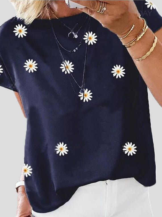 Women's T-Shirts Daisy Print Crew Neck Short Sleeve T-Shirt - T-Shirts - Instastyled | Online Fashion Free Shipping Clothing, Dresses, Tops, Shoes - 11/07/2022 - 20-30 - color-blue