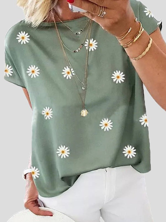 Women's T-Shirts Daisy Print Crew Neck Short Sleeve T-Shirt - T-Shirts - Instastyled | Online Fashion Free Shipping Clothing, Dresses, Tops, Shoes - 11/07/2022 - 20-30 - color-blue