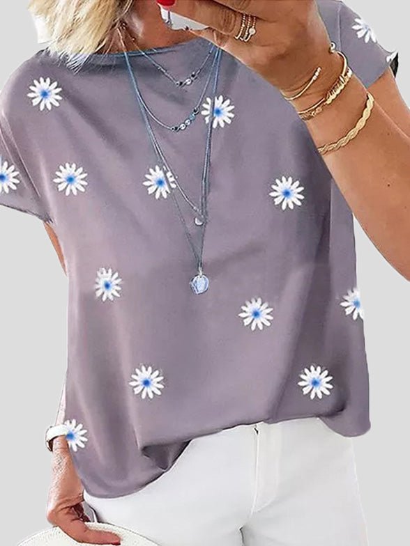 Women's T-Shirts Daisy Print Crew Neck Short Sleeve T-Shirt - T-Shirts - Instastyled | Online Fashion Free Shipping Clothing, Dresses, Tops, Shoes - 11/07/2022 - 20-30 - color-blue