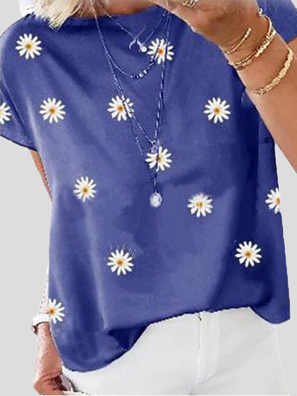 Women's T-Shirts Daisy Print Crew Neck Short Sleeve T-Shirt - T-Shirts - Instastyled | Online Fashion Free Shipping Clothing, Dresses, Tops, Shoes - 11/07/2022 - 20-30 - color-blue