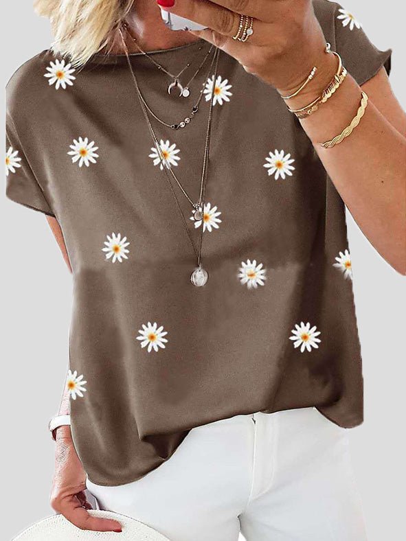 Women's T-Shirts Daisy Print Crew Neck Short Sleeve T-Shirt - T-Shirts - Instastyled | Online Fashion Free Shipping Clothing, Dresses, Tops, Shoes - 11/07/2022 - 20-30 - color-blue