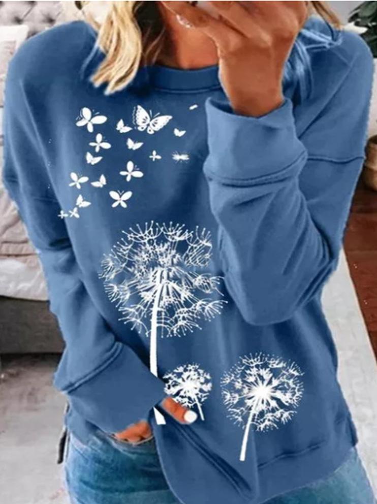 Women's T-Shirts Dandelion Butterfly Print Round Neck Long Sleeve T-Shirts - T-Shirts - INS | Online Fashion Free Shipping Clothing, Dresses, Tops, Shoes - 10/09/2021 - 20-30 - Category_T-Shirts