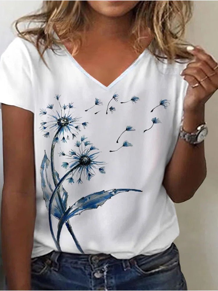 Women's T-Shirts Dandelion Floral Print V-Neck Short Sleeve T-Shirt - T-Shirts - Instastyled | Online Fashion Free Shipping Clothing, Dresses, Tops, Shoes - 10/06/2022 - Color_White - HDL