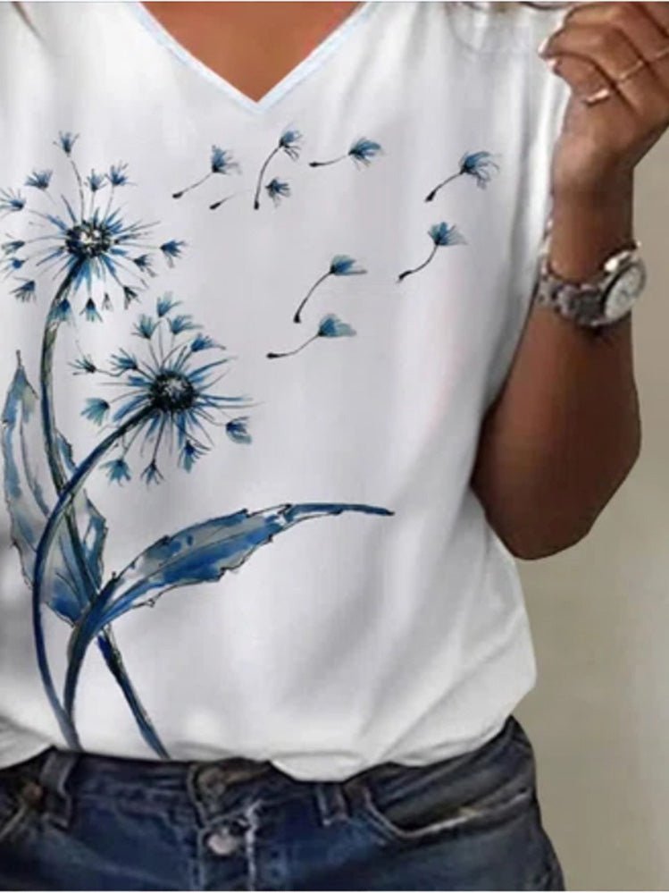 Women's T-Shirts Dandelion Floral Print V-Neck Short Sleeve T-Shirt - T-Shirts - Instastyled | Online Fashion Free Shipping Clothing, Dresses, Tops, Shoes - 10/06/2022 - Color_White - HDL