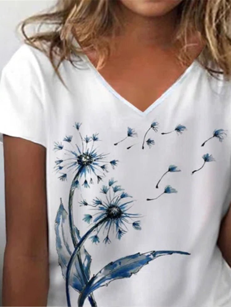 Women's T-Shirts Dandelion Floral Print V-Neck Short Sleeve T-Shirt - T-Shirts - Instastyled | Online Fashion Free Shipping Clothing, Dresses, Tops, Shoes - 10/06/2022 - Color_White - HDL