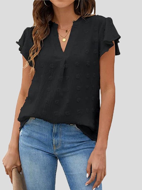 Women's T-Shirts Dot Ruffle Sleeve V-Neck Chiffon T-Shirt - T-Shirts - Instastyled | Online Fashion Free Shipping Clothing, Dresses, Tops, Shoes - 12/05/2022 - Color_Black - Color_Blue