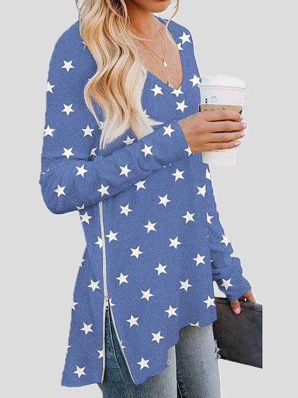 Women's T-Shirts Double Side Zipper V-Neck Printed Long Sleeve T-Shirt - T-Shirts - INS | Online Fashion Free Shipping Clothing, Dresses, Tops, Shoes - 20-30 - 22/11/2021 - color-blue