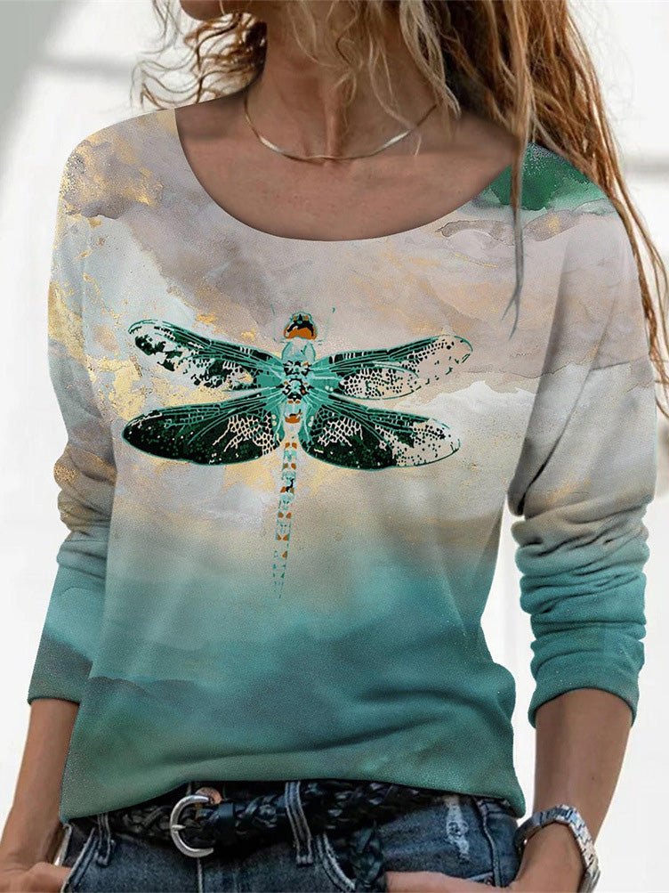 Women's T-Shirts Dragonfly Print Crew Neck Long Sleeve T-Shirt - T-Shirts - Instastyled | Online Fashion Free Shipping Clothing, Dresses, Tops, Shoes - 15/03/2022 - 20-30 - color-blue